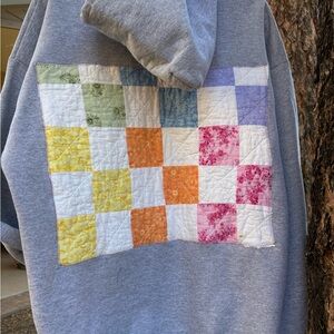 Upcycled Valentine Gray Hoodie with Blue Heart Patch